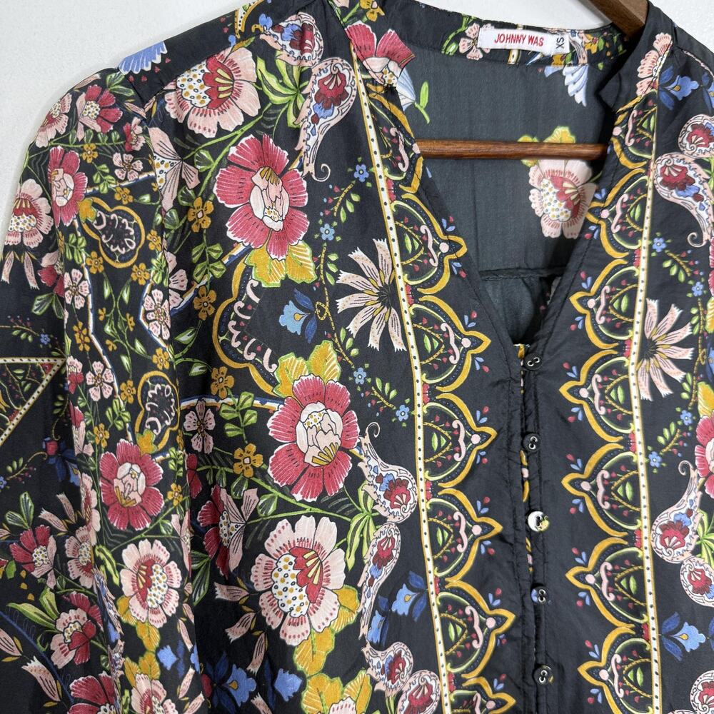 Johnny Was Shirt Womens XS Multicolor Silk Floral Button Tunic Top Boho